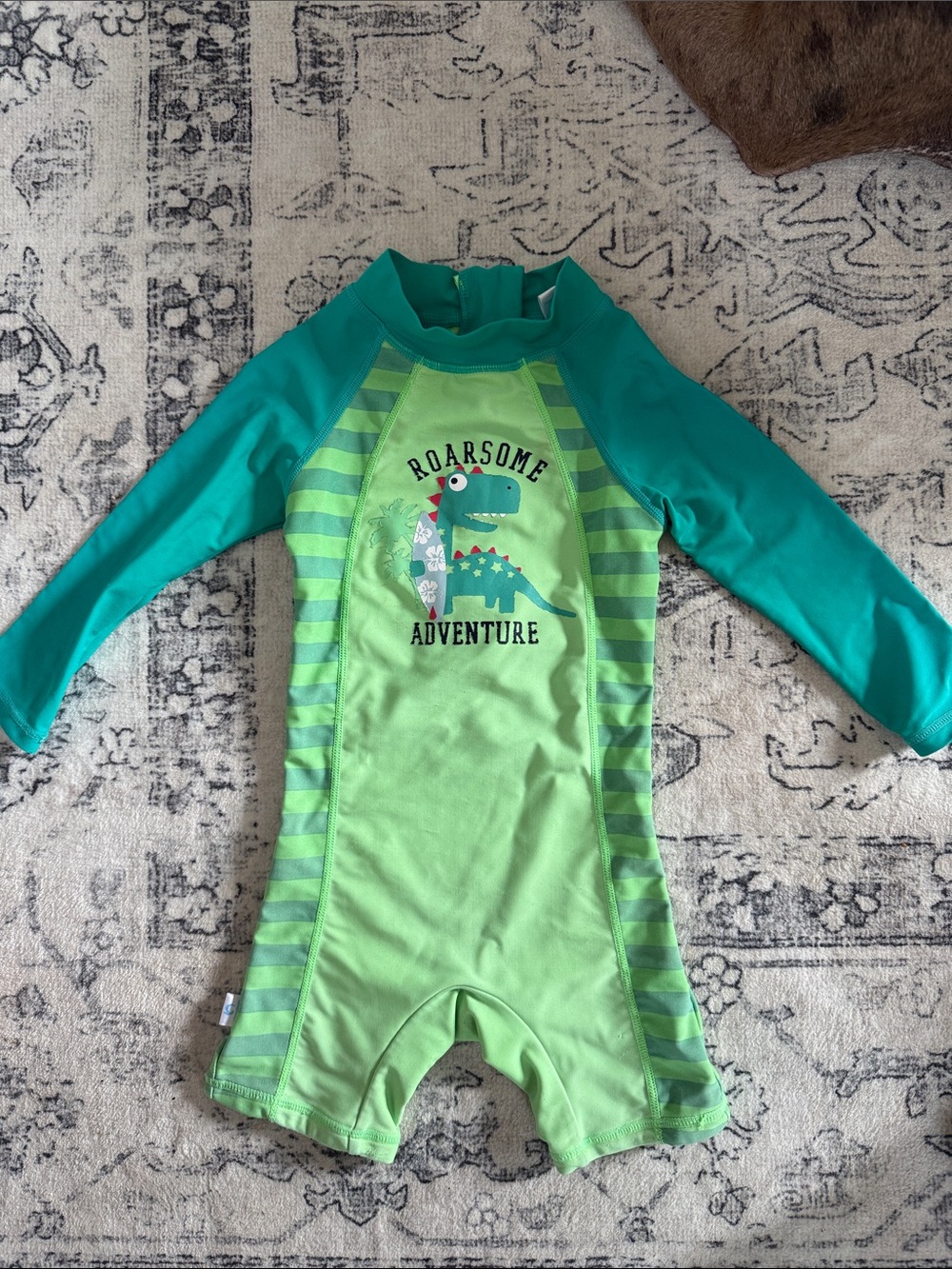 Roarsome Adventure Green Kids Long-Sleeve Rashguard Swim Suit